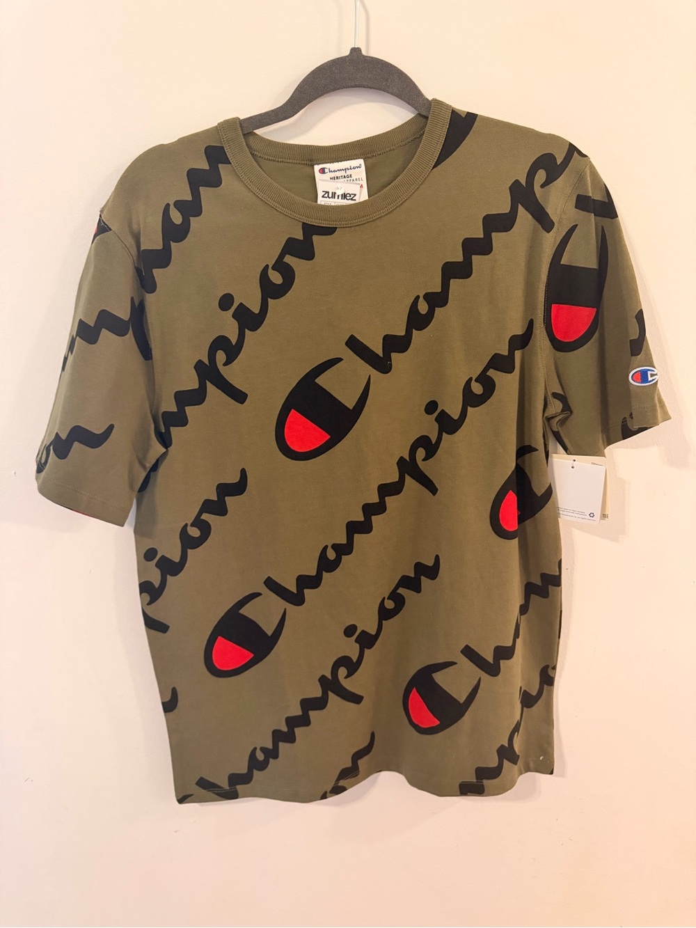 Champion Olive Green Short Sleeve Logo Tee with Black & Red Accents